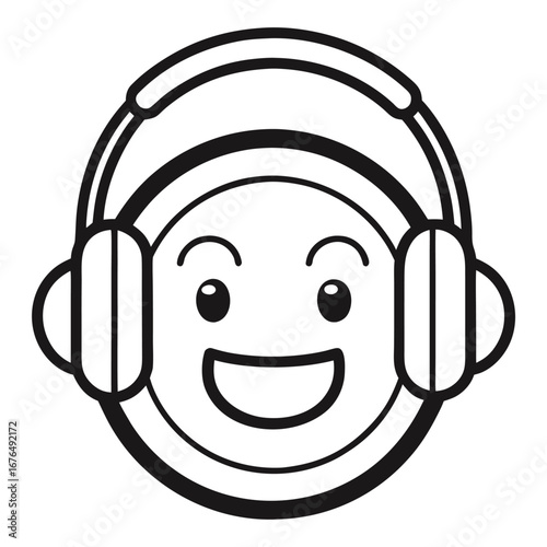 Black and White Outline of a Happy Face Emoji Wearing Headphones smiling cheerful