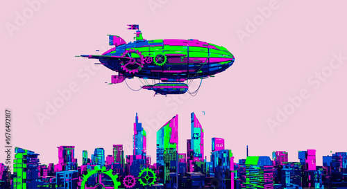 A vibrant steampunk airship in neon green and purple flies over a futuristic city skyline against a pink background.