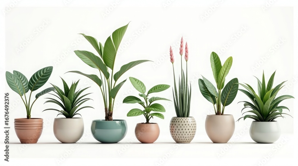 Fototapeta premium Diverse green potted plants arranged in a row houseplants