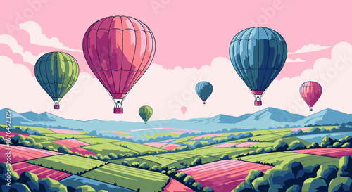 Colorful hot air balloons floating serenely over a picturesque patchwork landscape of rolling hills and fields.