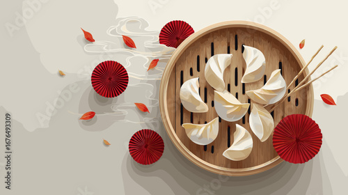Dumplings in bamboo steamer with red decorations and chopsticks  