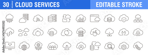 Collection of cloud services icon. Computing, settings, programs, databases. Vector design template, signs, symbols, editable stroke.