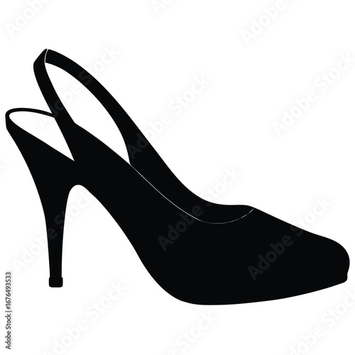 Black Silhouette of a Classic Slingback High Heel Shoe on White Background footwear fashion