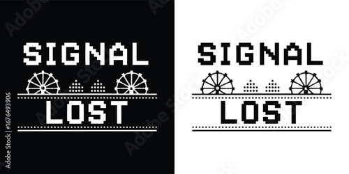 Minimalist design with signal lost text, incorporating abstract wheel shapes and bar graph elements, available in black and white