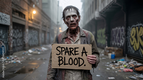 Zombie like figure holding cardboard sign reading “spare a blood” in gritty urban alley at night with rain slicked pavement and lone streetlamp
