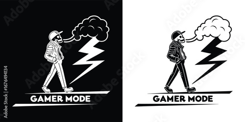 Skeleton figure in gamer mode with lightning and smoke, presented in both black and white versions, symbolizing gaming intensity and focus