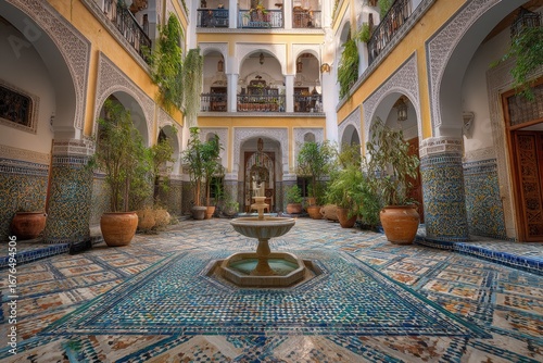 Beautiful courtyard with intricate tile work and a central fount