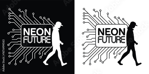 Neon future text with circuit board and walking person silhouette on black and white backgrounds, futuristic concept