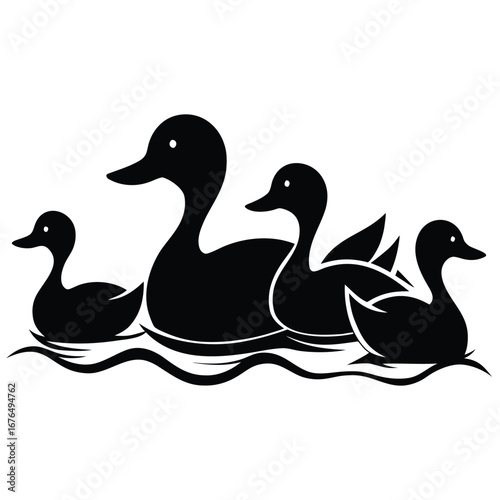 Black silhouette of a mother duck and three ducklings swimming in a row ducks family