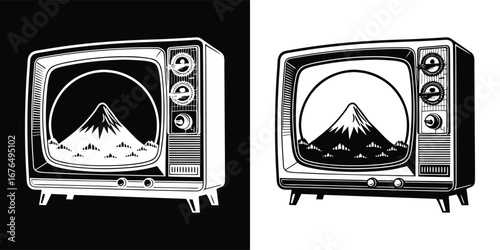 Oldfashioned television set featuring a mountain landscape with a sunlike circle, presented in both black and white