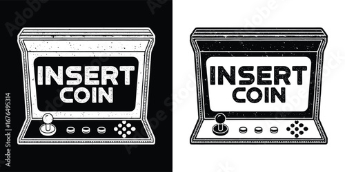 Retro arcade machine with insert coin message on screen, displayed in both black and white versions for gaming enthusiasts