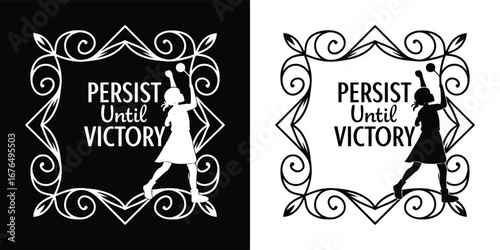 Inspirational quote with a silhouette of a woman reaching for a star, framed by decorative swirls, presented in both black and white versions for versatile design applications