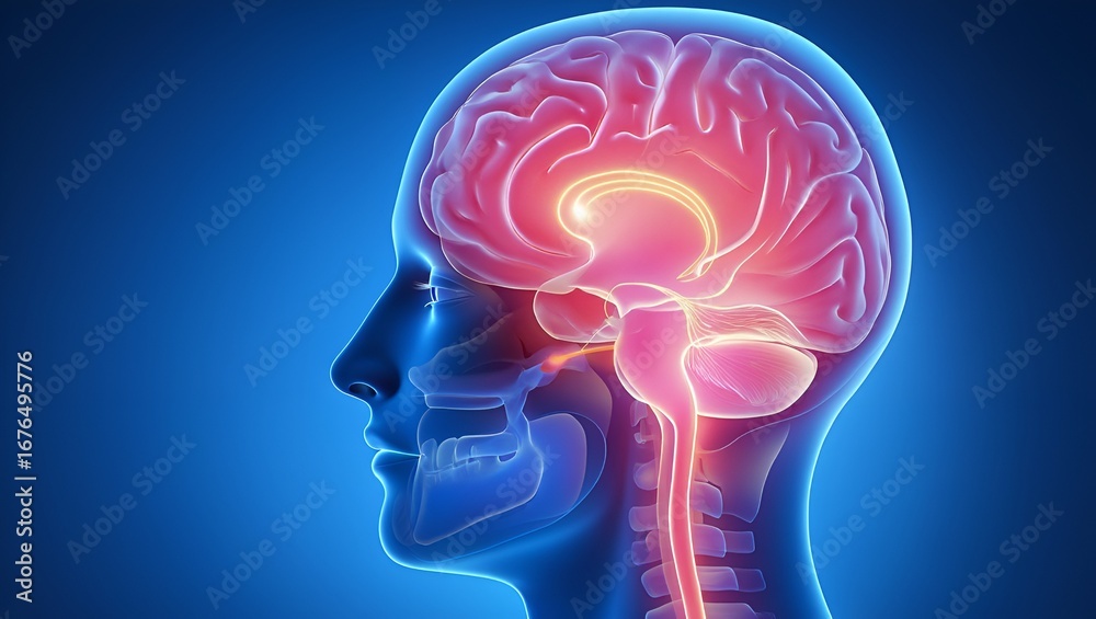 Obraz premium Radiant brain illustration showcasing neural pathways and anatomical structure in a blue atmosphere.