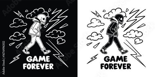 Skeleton figure walking with a helmet, surrounded by clouds and lightning, with text game forever in a bold font, on black and white backgrounds, symbolizing endless gaming or a loop