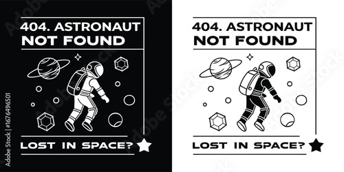 Astronaut lost in space with planets and ufo, featuring text 404 astronaut not found and lost in space for a tech or scifi theme