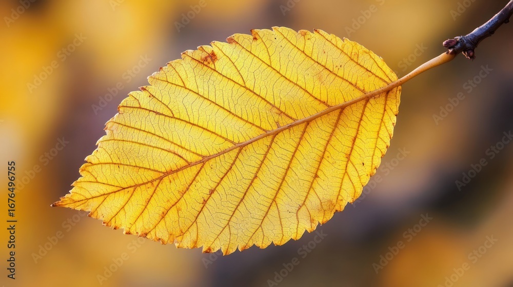 Fototapeta premium Single yellow autumn leaf on branch, close-up.