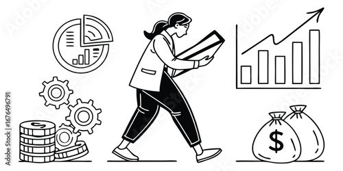Woman with Financial Documents and Growth Charts Surrounded by Money and Gears business finance