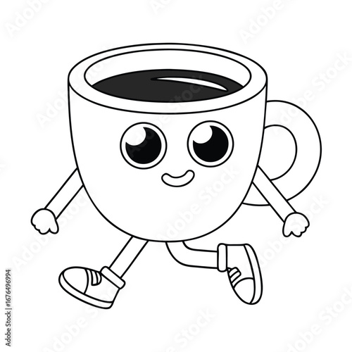 Cartoon Coffee Cup Character Running with Happy Expression on White Background cute