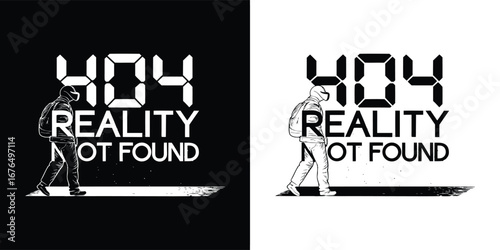 Figure walking towards digital error message 404 reality not found, depicted in black and white, representing escapism and virtual world immersion