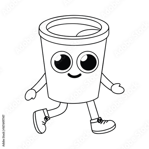 Cartoon Disposable Coffee Cup Character Running with Happy Expression on White Background cute