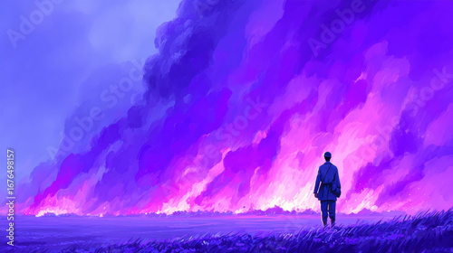 Recreant, A figure stands before a vivid, surreal purple fire in the landscape.