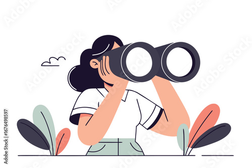 Business woman look through binoculars searching for new job or opportunity, vision or look far ahead to find future opportunity, observe or career success, human resources look for candidate concept.