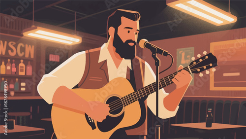 Bearded Country Music Man Playing Guitar Design Template Vector Illustration