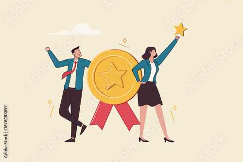 Professional or expert who success and win award, best office employee or specialist with skills to achieve goal concept, success businessman and businesswoman professional stand with star award.