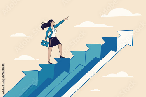 Career growth, growing business or leadership to overcome challenge, motivation to succeed, career development or ambition to success concept, confidence businesswoman walking up growth arrow stair.