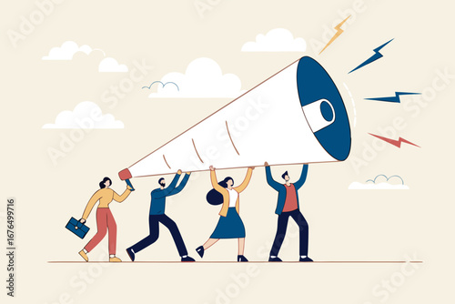 Marketing communication, announce promotion or communicate with employees, community or organization speech, loud voice or announcement concept, business people PR public relation shout on megaphone.
