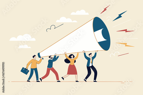 Marketing communication, announce promotion or communicate with employees, community or organization speech, loud voice or announcement concept, business people PR public relation shout on megaphone.