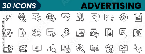 Set of 30 outline icons related to advertising, marketing, announcement, branding. Linear icon collection. Editable stroke. Vector illustration