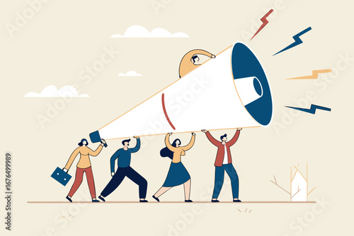Marketing communication, announce promotion or communicate with employees, community or organization speech, loud voice or announcement concept, business people PR public relation shout on megaphone.