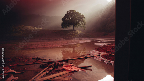 Tranquil valley emerging after flood with muddy patches, reflecting puddles, scattered debris, and a resilient oak under soft diffused gray light