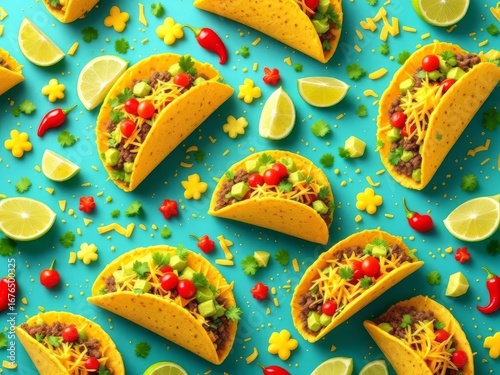 A vibrant 3D pattern showcasing a taco bar with soft corn tortillas, fresh cilantro, onions, and limes, ideal for Mexican food events and branding designs.