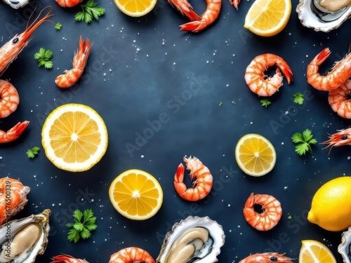 A vibrant 3D seafood platter pattern background showcasing fresh oysters, shrimp, and lemon wedges, ideal for upscale culinary branding and seafood restaurant decor.