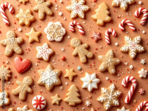 A festive 3D holiday pattern background featuring decorated cookies, candy canes, and gingerbread, perfect for seasonal branding and dessert designs.