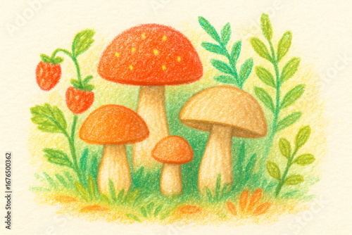 Crayon illustration of mushrooms and forest plants on the ground