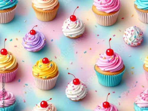 A sweet 3D pattern background showcasing colorful cupcakes, frosting swirls, and sprinkles, perfect for bakery branding and festive dessert designs.