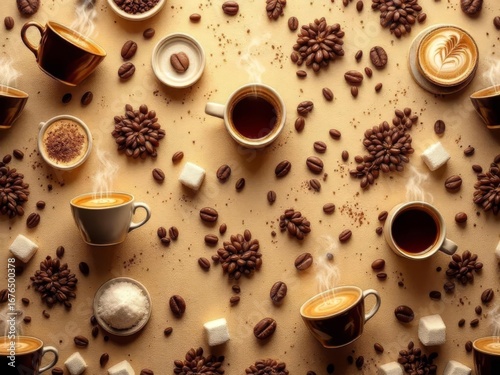 A cozy 3D coffee pattern background featuring steaming mugs, coffee beans, and latte art, perfect for cafe branding and modern beverage designs.