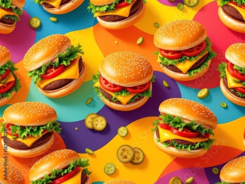 A dynamic 3D burger pattern background featuring juicy burgers, sesame buns, and fresh toppings, ideal for American food branding and restaurant marketing designs.