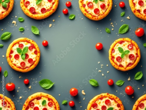 A 3D pattern background featuring gourmet pizza slices, fresh basil, tomatoes, and melted cheese, ideal for Italian cuisine branding and modern food decor.