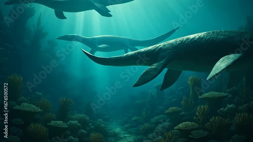 Underwater scene featuring plesiosaurs swimming amidst a vibrant coral reef illuminated by sunbeams, showcasing the marine life and serene atmosphere. Pixel art style.