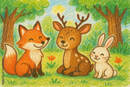 Crayon illustration of a fox, deer, and rabbit in a forest clearing