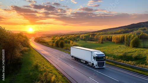 White semi-truck driving along a winding highway through lush green countryside at sunset with vibrant orange sky and rolling hills in the distance