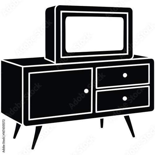 Vintage Television Set on a Mid Century Modern Cabinet with Drawers and Door retro