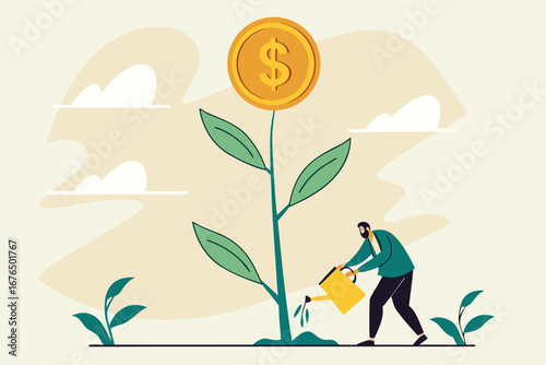 Financial or investment growth, increase earning profit and capital gain, success in wealth management concept, smart businessman investor finish watering growing money plant seedling with coin flower