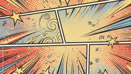 A dynamic and energetic design evoking the classic aesthetic of vintage comic panels.