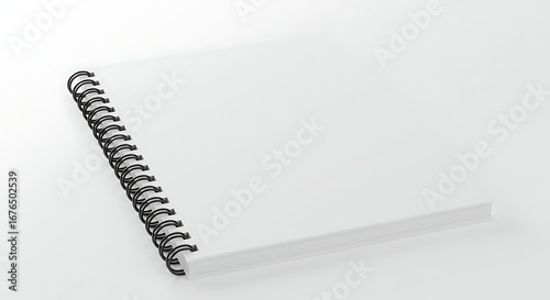 An open spiral-bound notebook with blank white pages and a black coil binding.