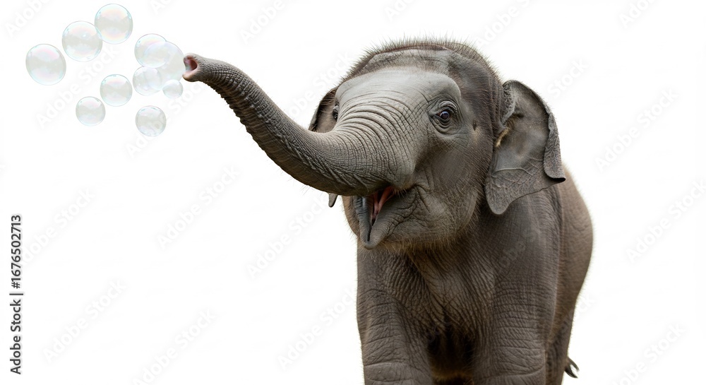 Naklejka premium 象が優しく泡を吹き出す 白い背景 穏やかな光. AI Generated